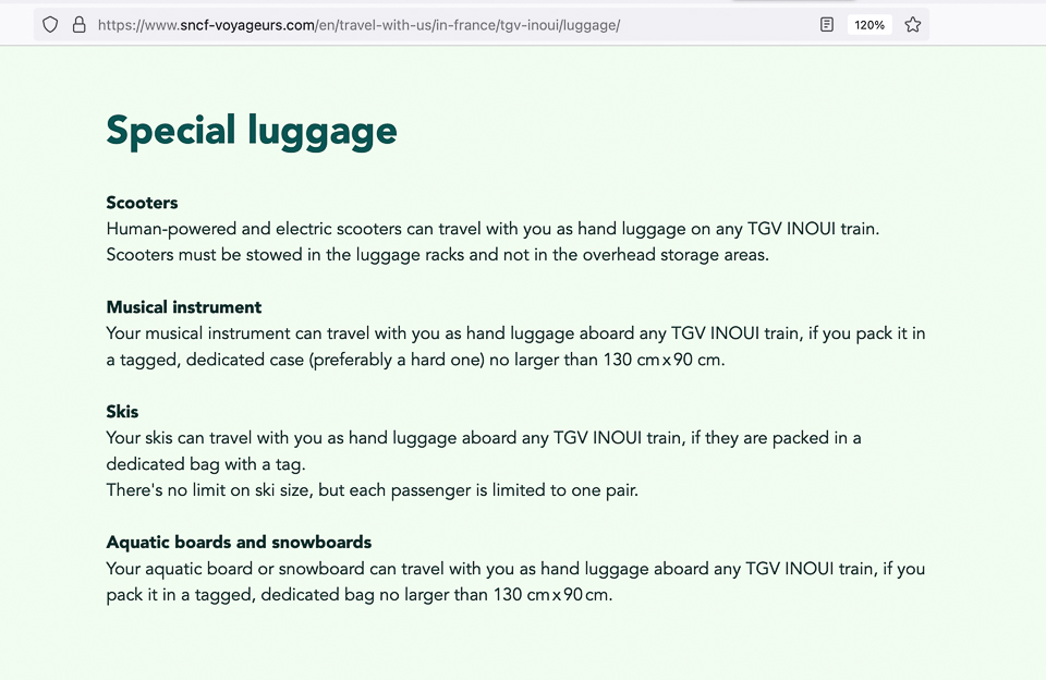SNCF website luggage page